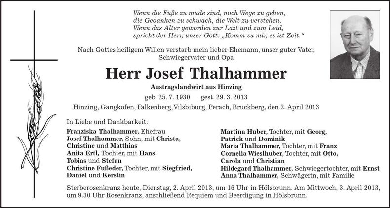 Traueranzeige Josef Thalhammer