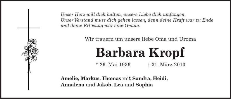 Traueranzeige Barbara Kropf