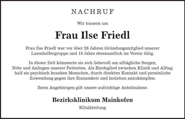 Traueranzeige Ilse Friedl