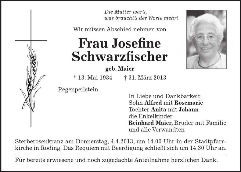 Traueranzeige Josefine Schwarzfischer