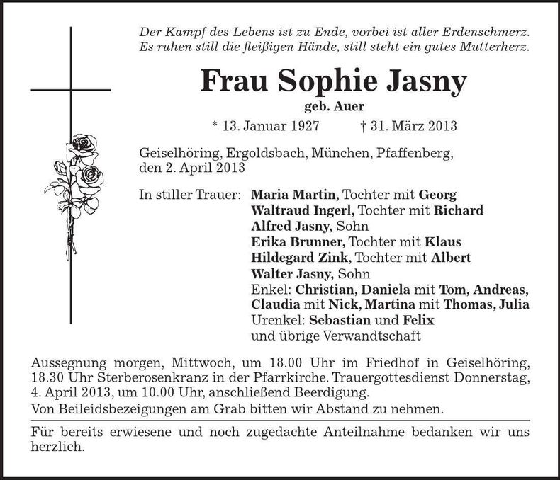 Traueranzeige Sophie Jasny