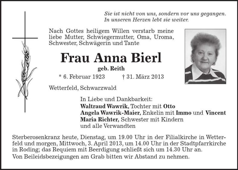 Traueranzeige Anna Bierl