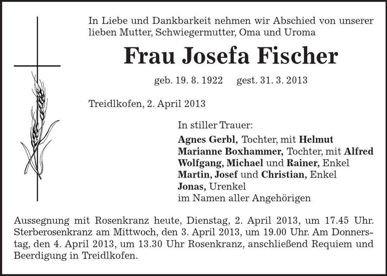Traueranzeige Josefa Fischer