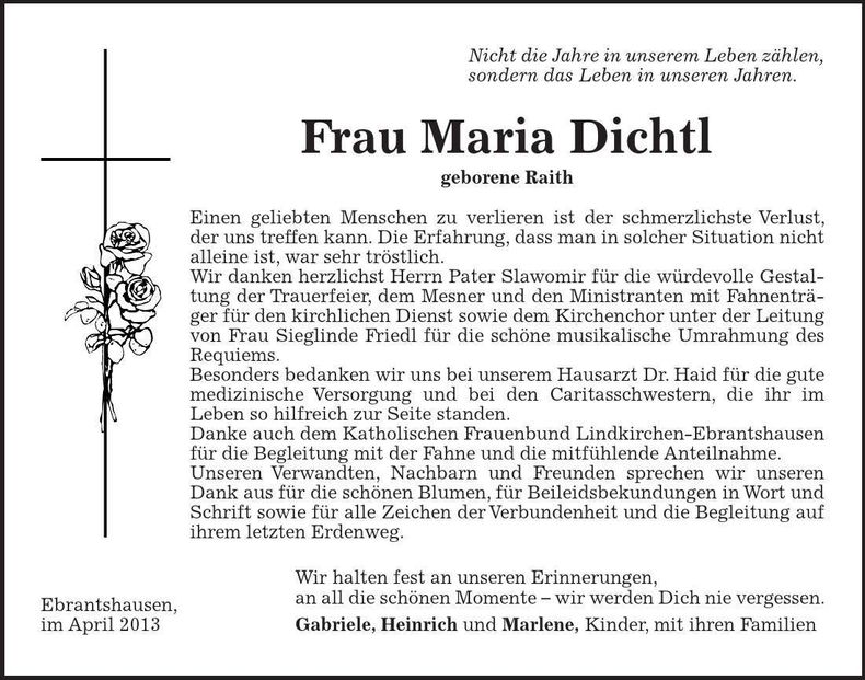 Traueranzeige Maria Dichtl