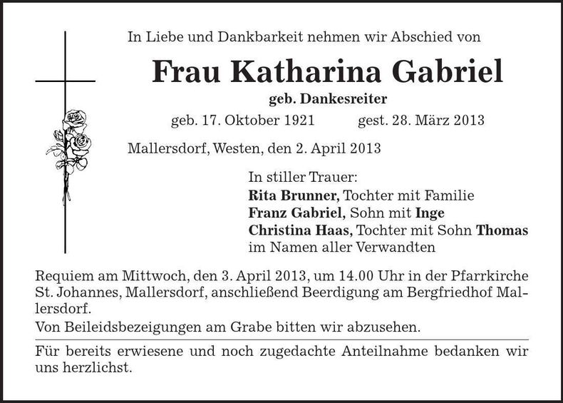 Traueranzeige Katharina Gabriel