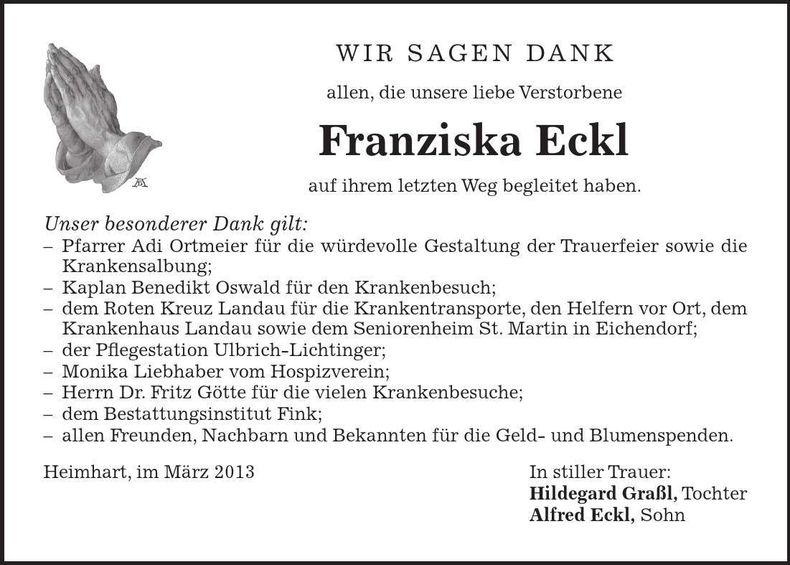 Traueranzeige Franziska Eckl