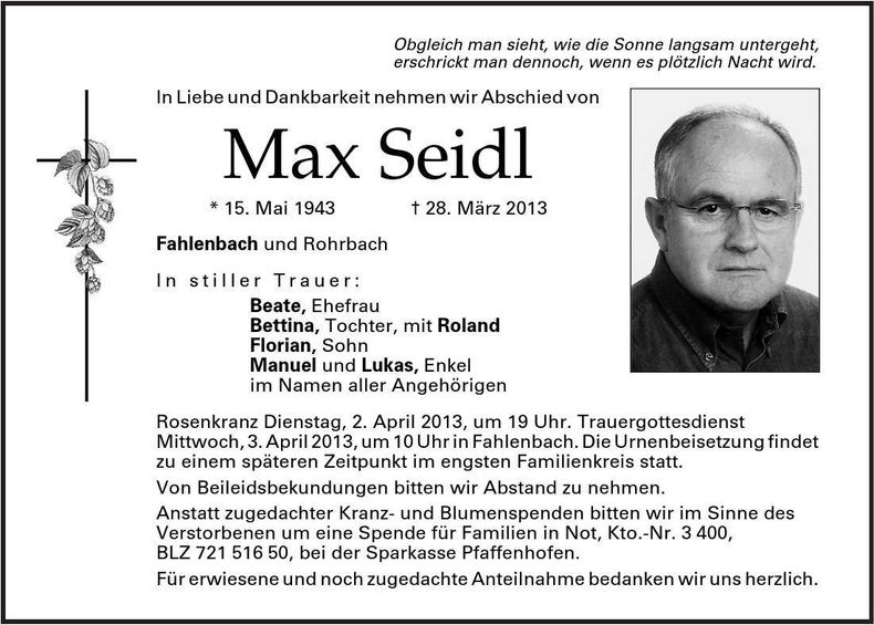 Traueranzeige Max Seidl