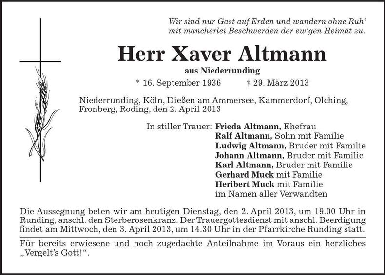 Traueranzeige Xaver Altmann
