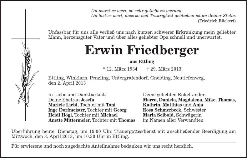 Traueranzeige Erwin Friedberger