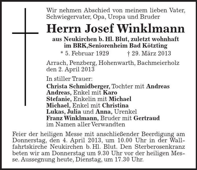Traueranzeige Josef Winklmann