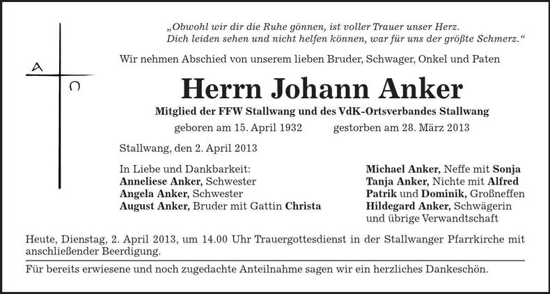 Traueranzeige Johann Anker