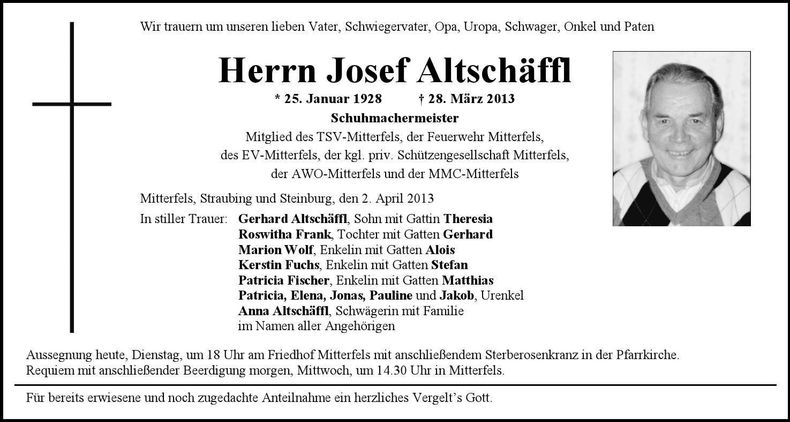 Traueranzeige Josef Altschäffl