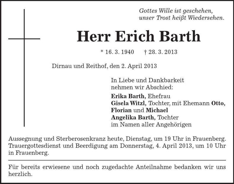 Traueranzeige Erich Barth