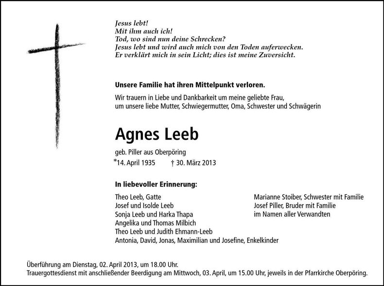 Traueranzeige Agnes Leeb
