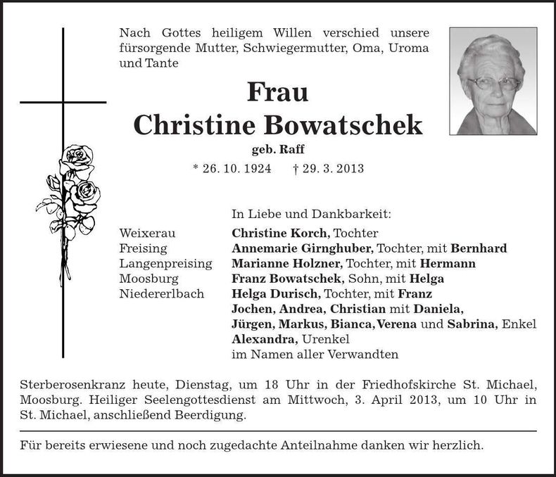 Traueranzeige Christine Bowatschek