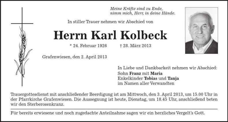 Traueranzeige Karl Kolbeck