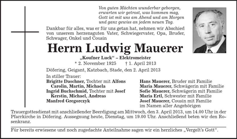 Traueranzeige Ludwig Mauerer