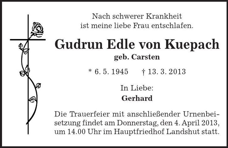 Traueranzeige Gudrun Edle von Kuepach