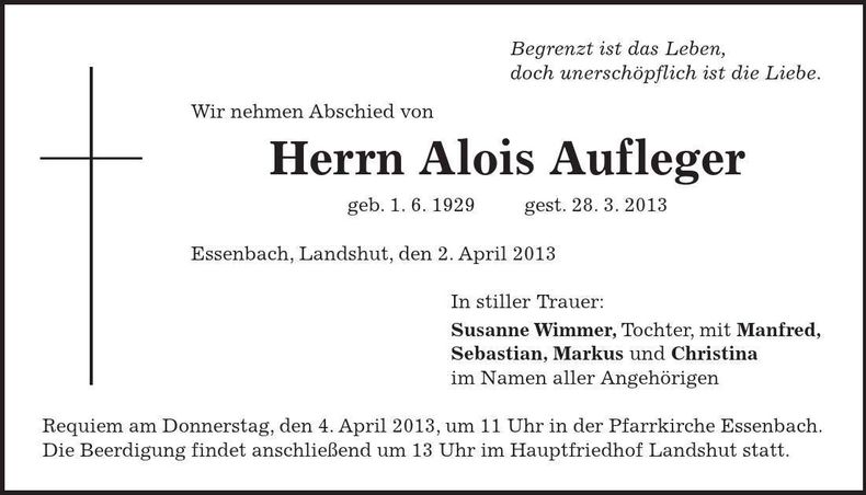 Traueranzeige Alois Aufleger