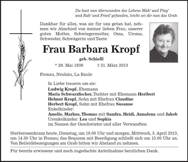 Traueranzeige Barbara Kropf