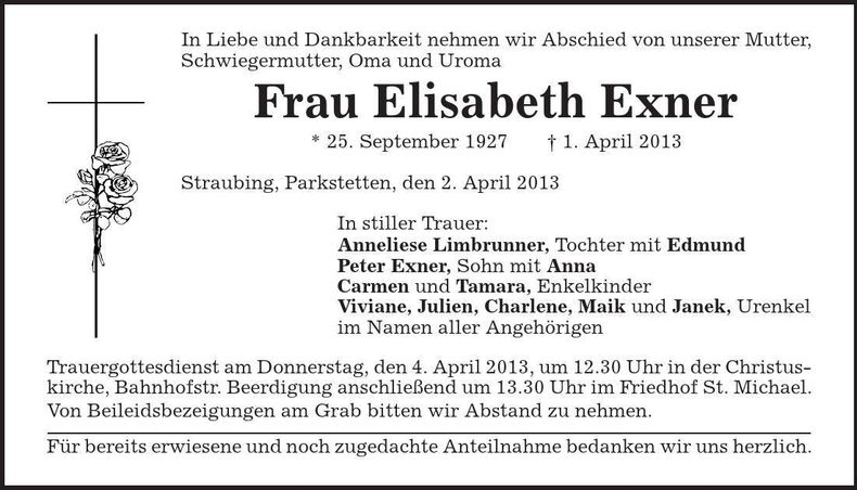 Traueranzeige Elisabeth Exner