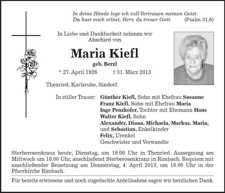Traueranzeige Maria Kiefl