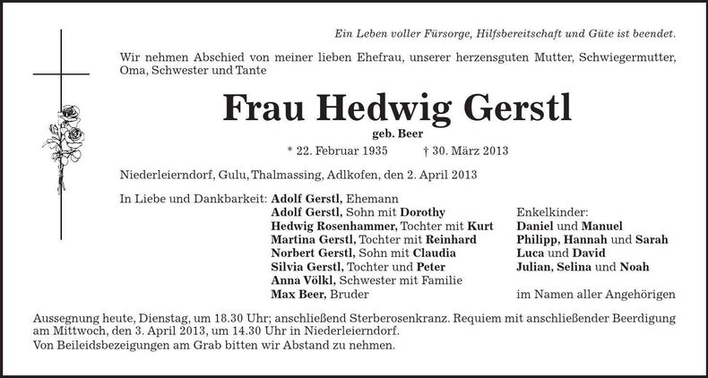 Traueranzeige Hedwig Gerstl
