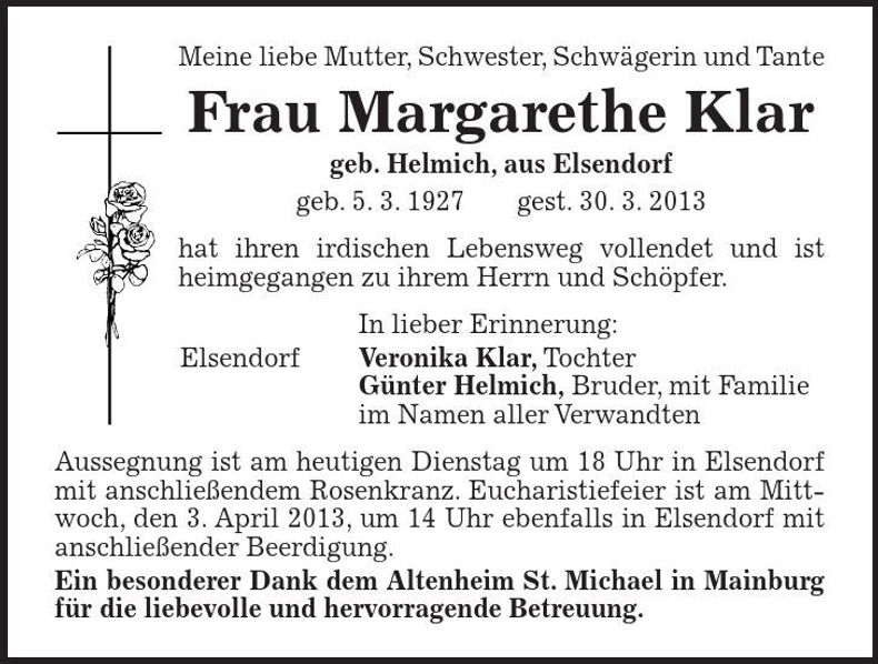 Traueranzeige Margarethe Klar