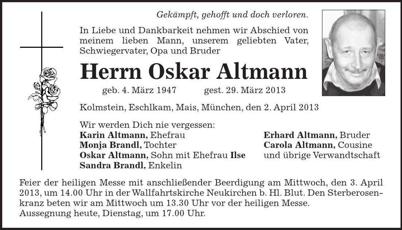 Traueranzeige Oskar Altmann