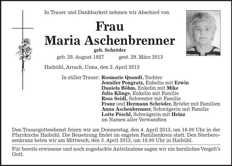 Traueranzeige Maria Aschenbrenner