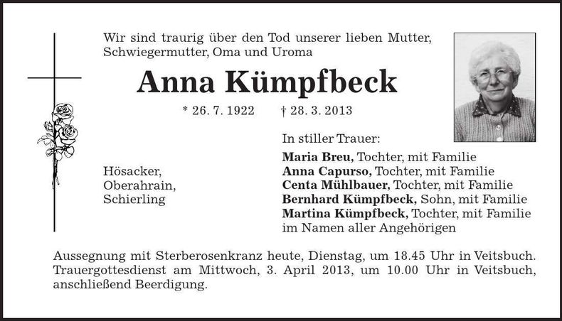 Traueranzeige Anna Kümpfbeck