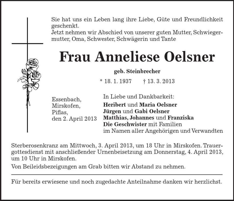Traueranzeige Anneliese Oelsner