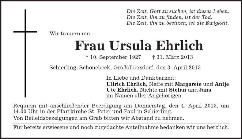 Traueranzeige Ursula Ehrlich