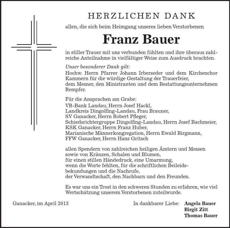 Traueranzeige Franz Bauer