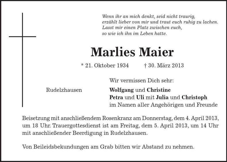 Traueranzeige Marlies Maier