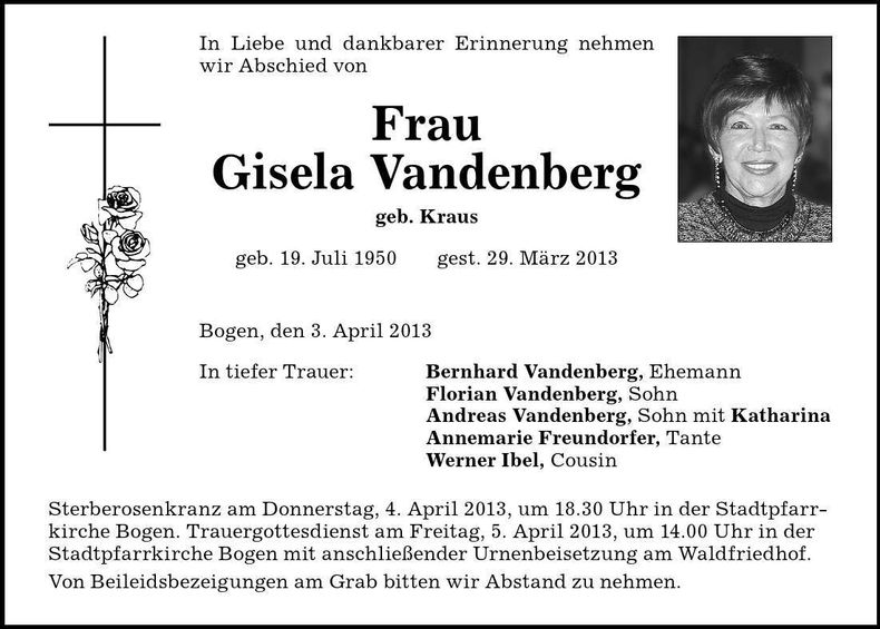 Traueranzeige Gisela Vandenberg