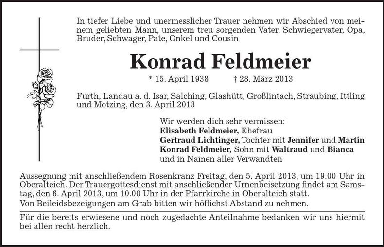 Traueranzeige Konrad Feldmeier