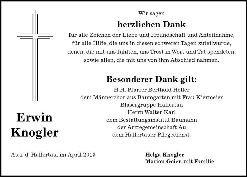 Traueranzeige Erwin Knogler