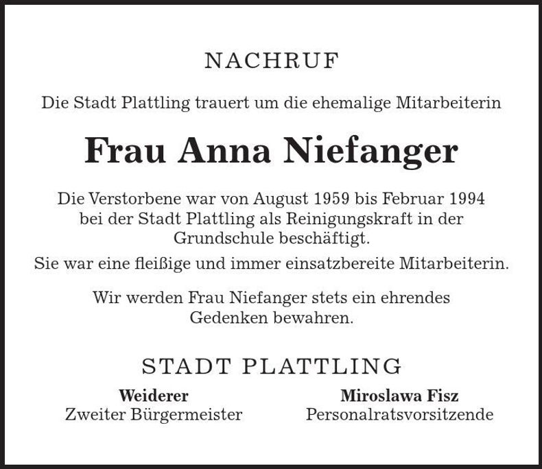 Traueranzeige Anna Niefanger