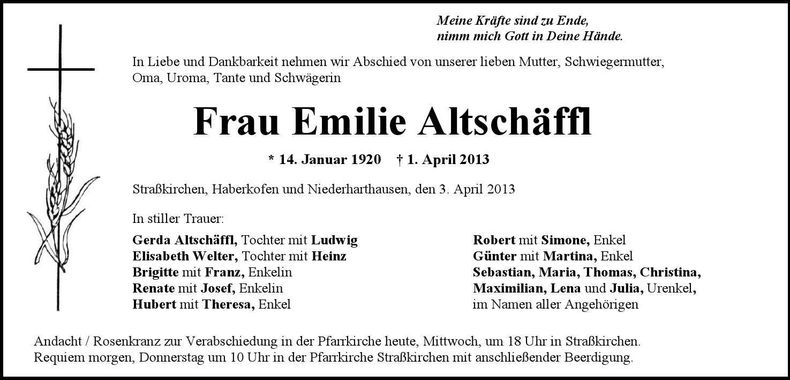 Traueranzeige Emilie Altschäffl