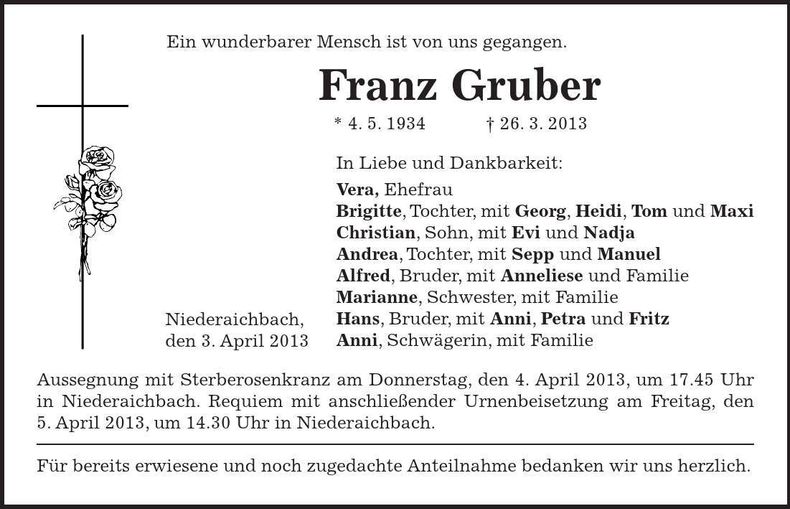 Traueranzeige Franz Gruber