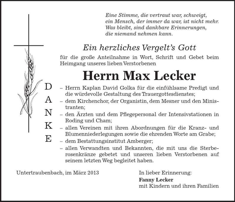 Traueranzeige Max Lecker