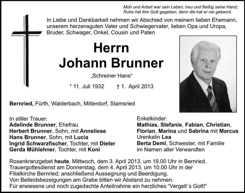 Traueranzeige Johann Brunner