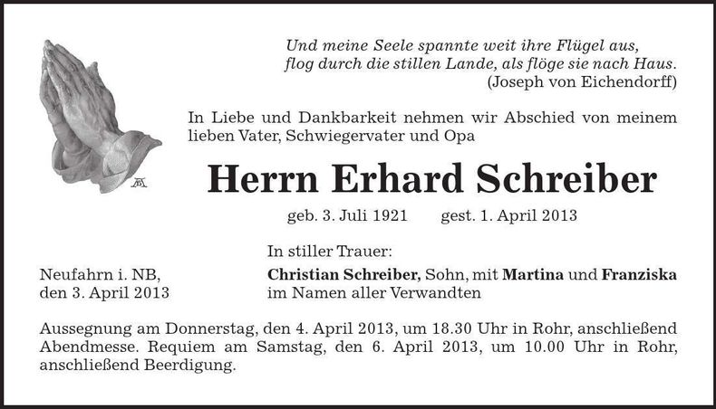 Traueranzeige Erhard Schreiber