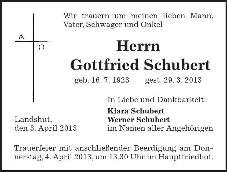 Traueranzeige Gottfried Schubert