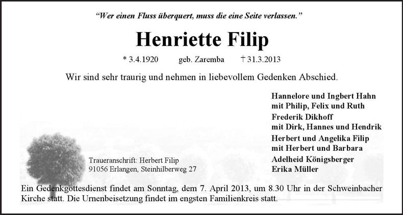 Traueranzeige Henriette Filip