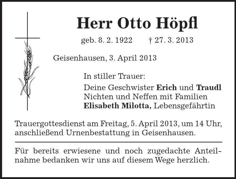 Traueranzeige Otto Höpfl