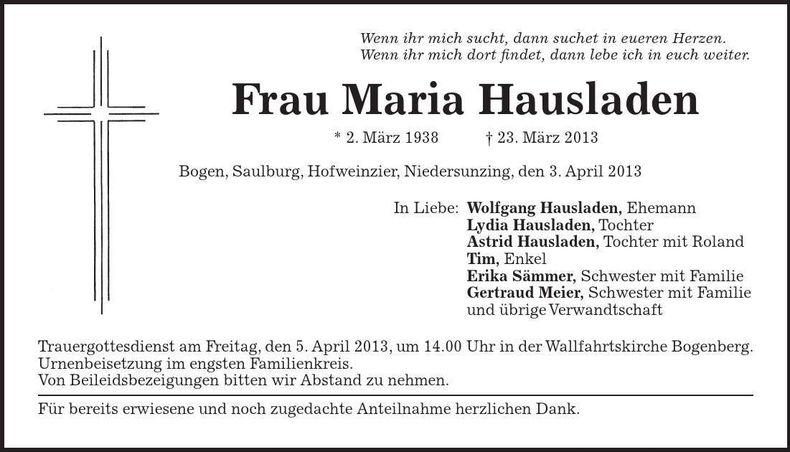 Traueranzeige Maria Hausladen