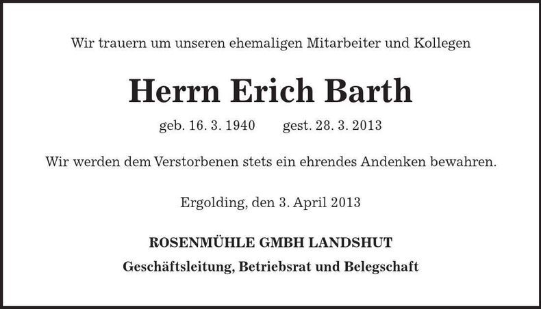 Traueranzeige Erich Barth