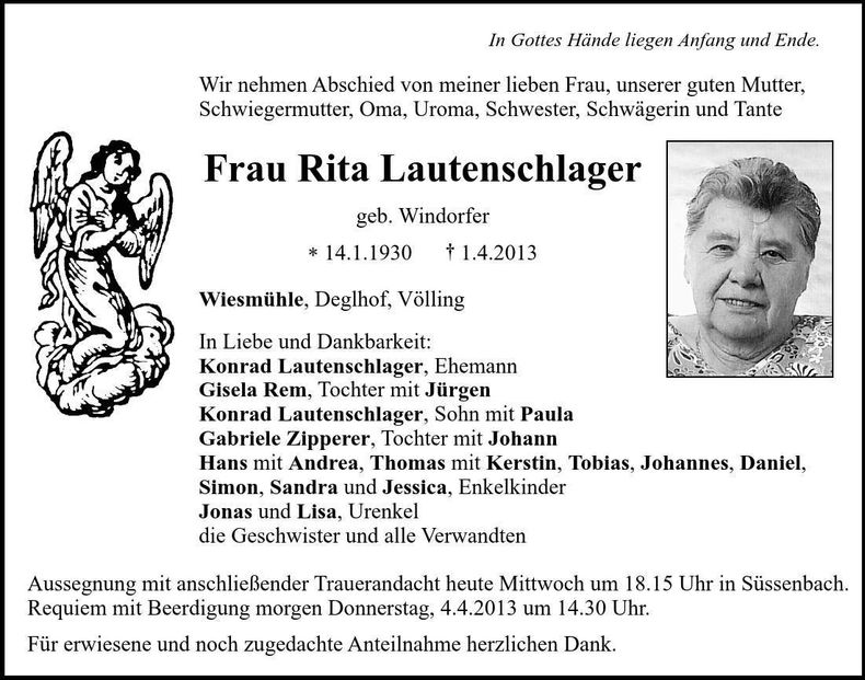 Traueranzeige Rita Lautenschlager